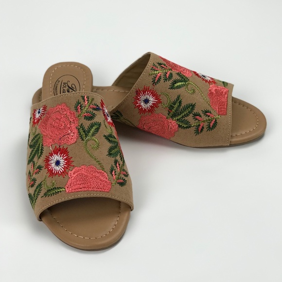 Embroidered Vegan Suede Slides Bolaro Boho Chic - Picture 2 of 8